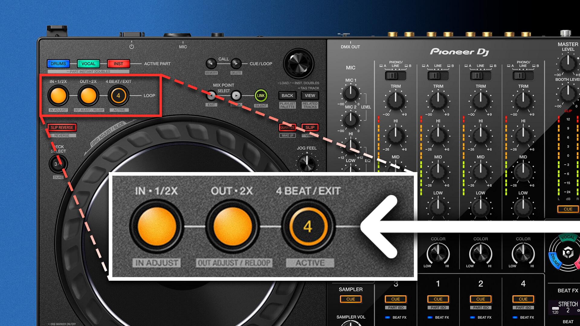 The loop in, loop out and 4 beat loop buttons on a Pioneer DJ controller, zoomed in