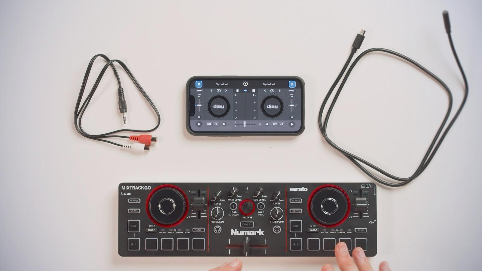 A Numark Mixtrack GO set up with the djay app, ready to learn