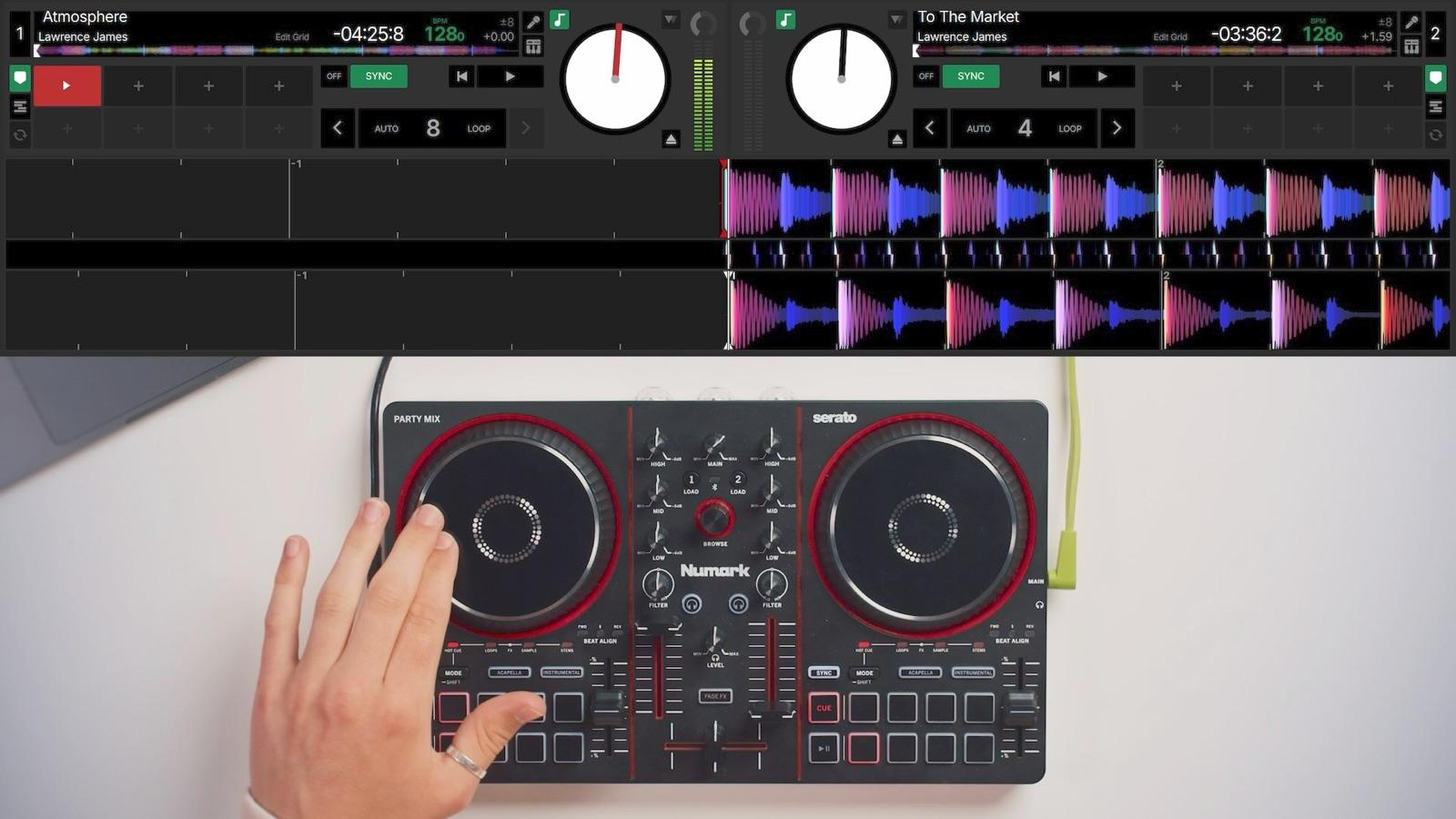 Mixing a first track in Serato on the Numark Party Mix
