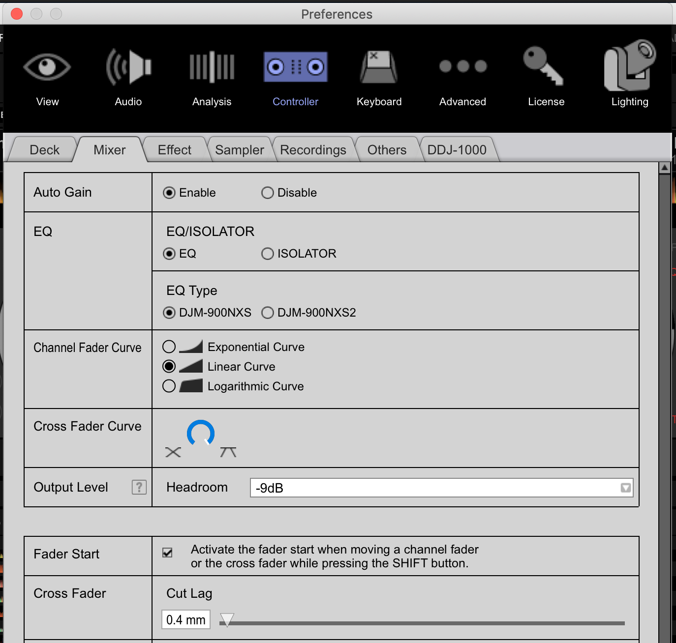 Crossfader Settings