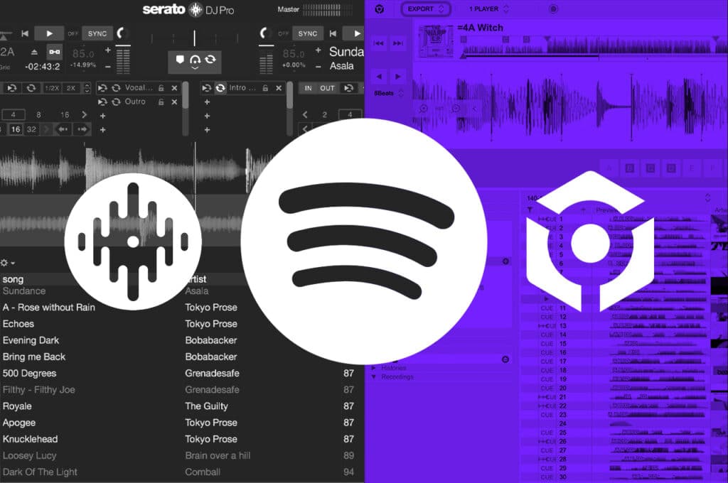 A graphic showing the rekorbox & serato logo with Spotify logo in the middle