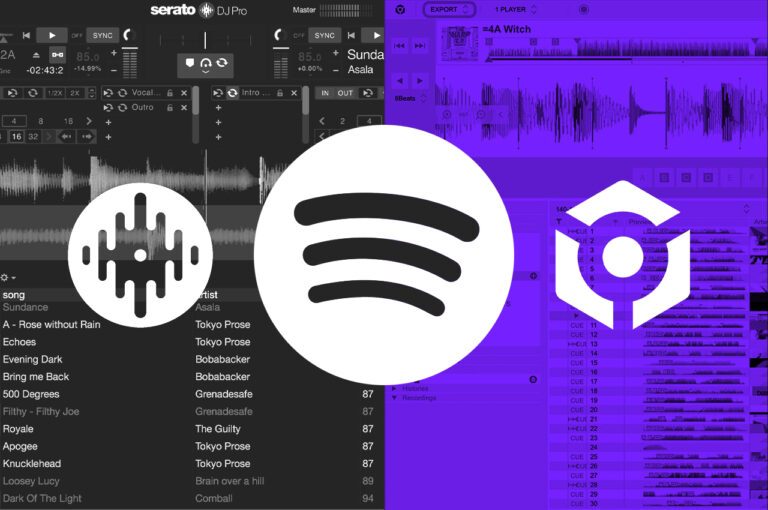 A graphic showing the rekorbox & serato logo with Spotify logo in the middle