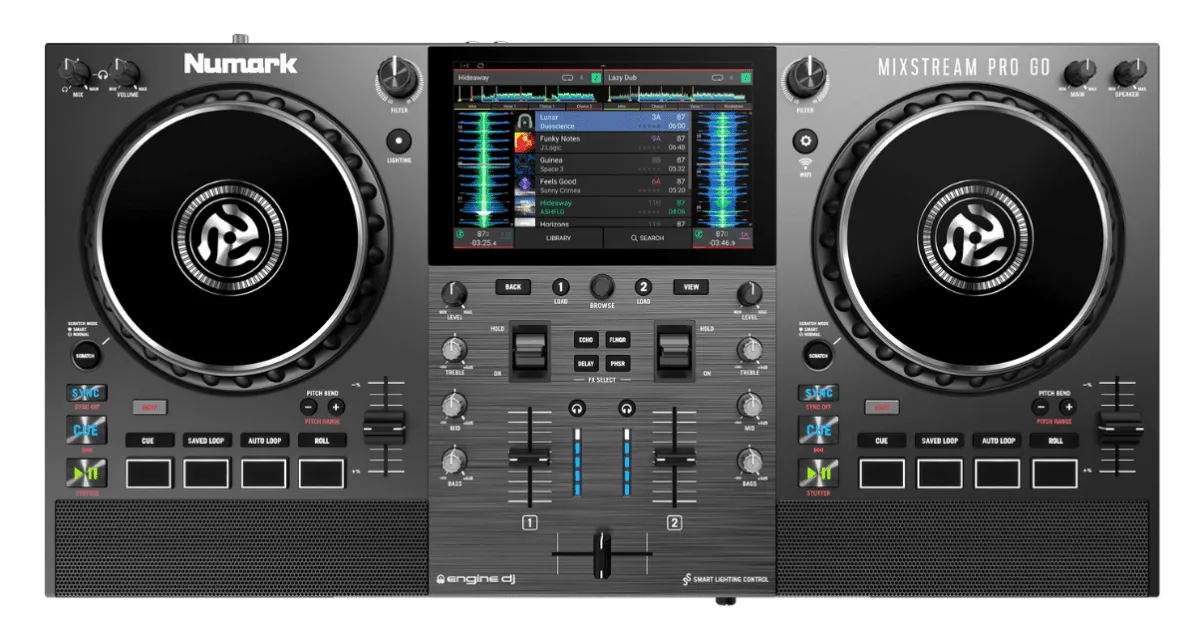 Numark Mixstream Pro Go standalone system with built in monitor speakers